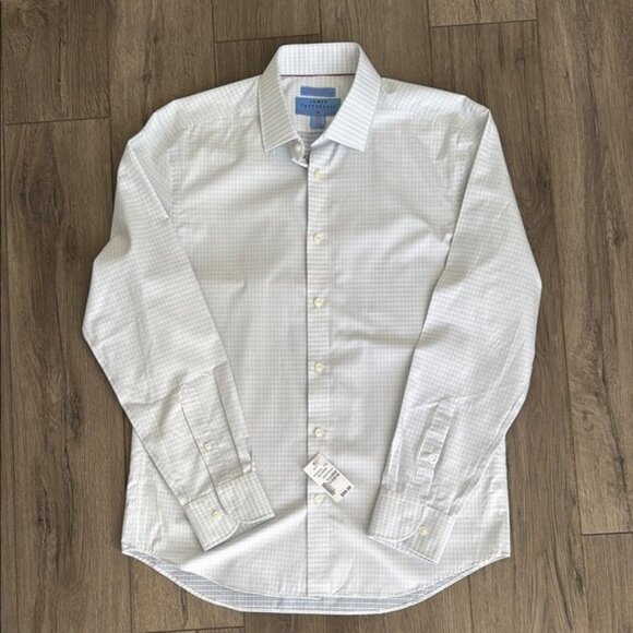 NWT men s James Tattersall White and Light Blue Business Dressy Button Down - Picture 1 of 6